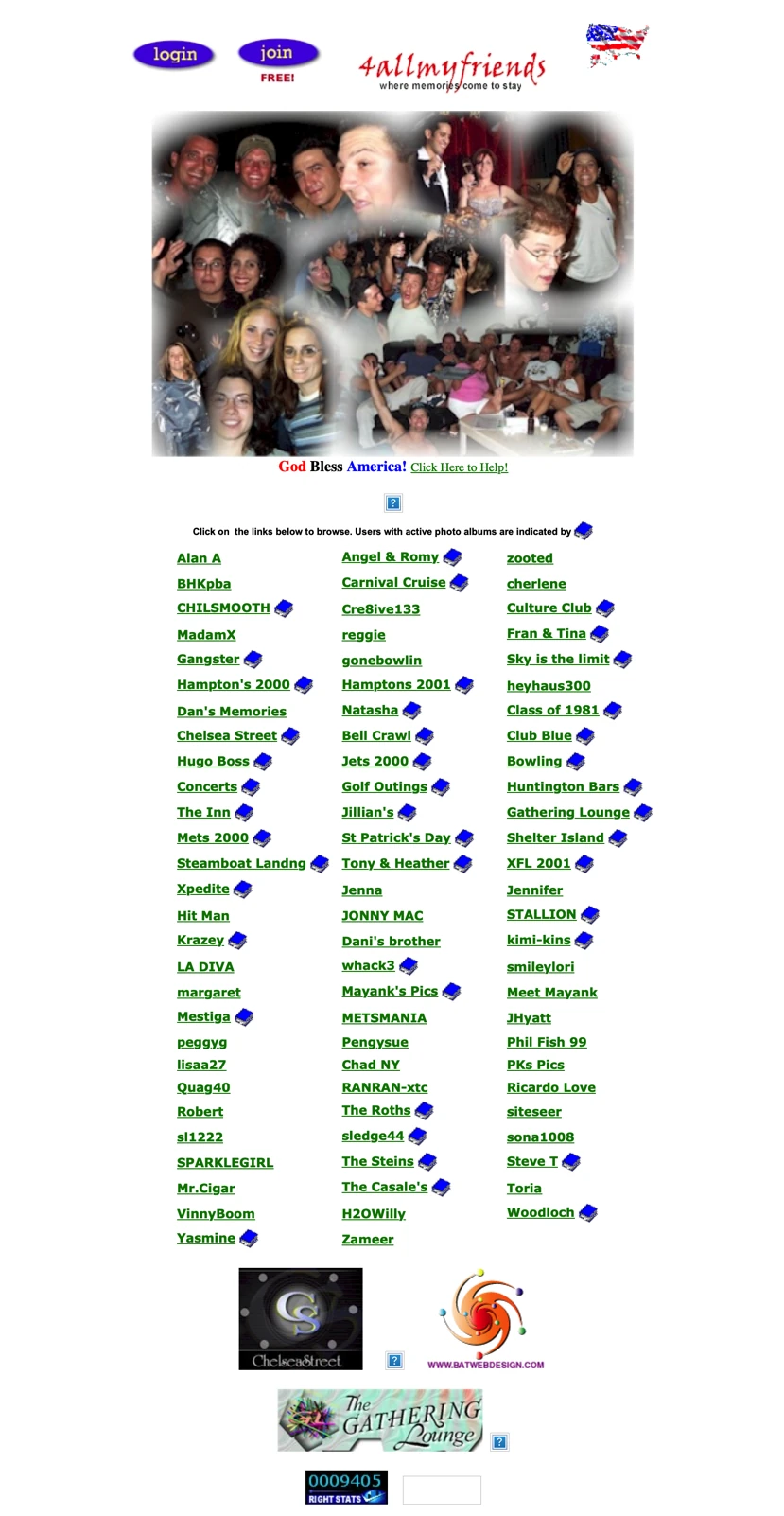 Complete archival view of the original 4allmyfriends homepage, from the original montage and member directory through sponsor graphics and 009405 counter